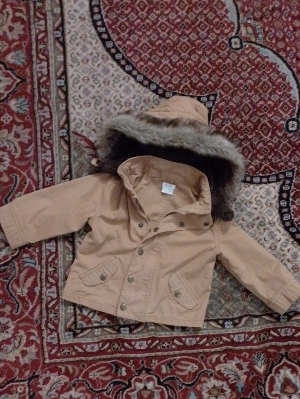 Children's Tan Hooded Pea Coat with Faux Fur Trim Removable Hood